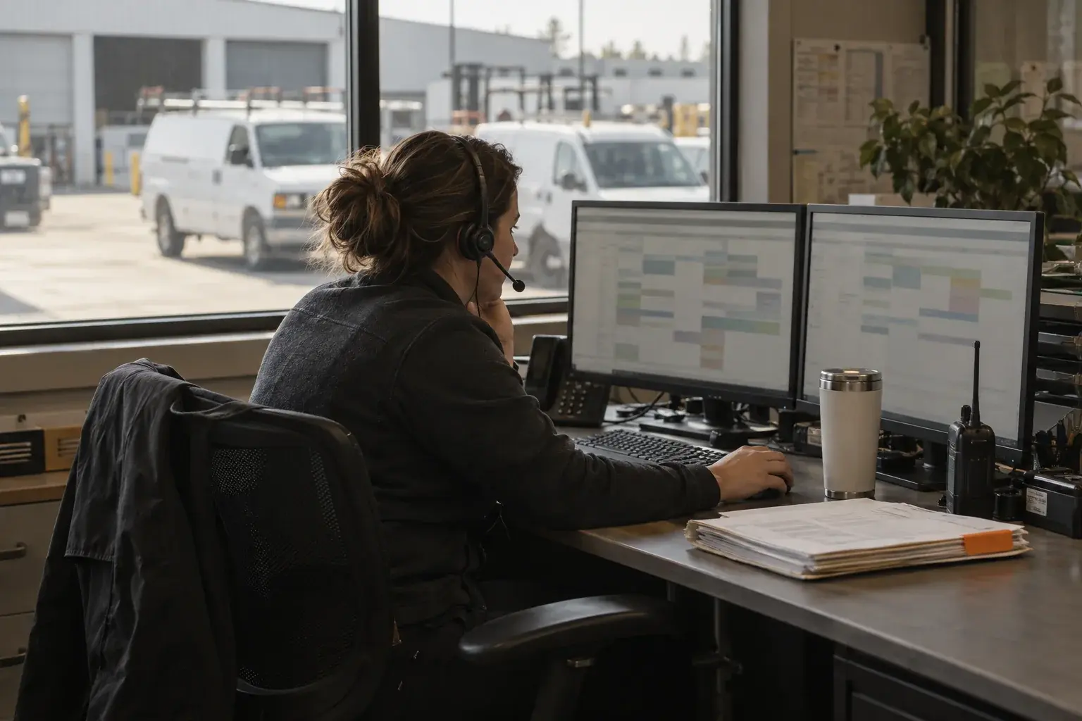 A dispatcher with a headset working at two monitors beside a window onto the service vans