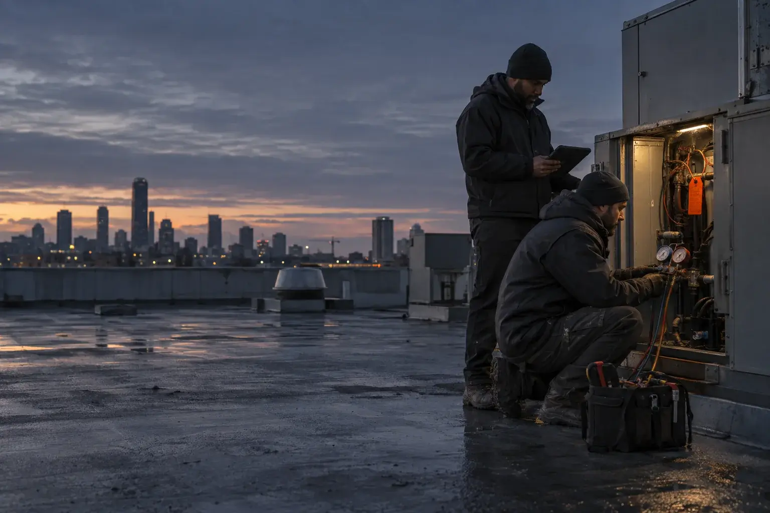 Two technicians servicing a rooftop unit at dusk with a city skyline behind them