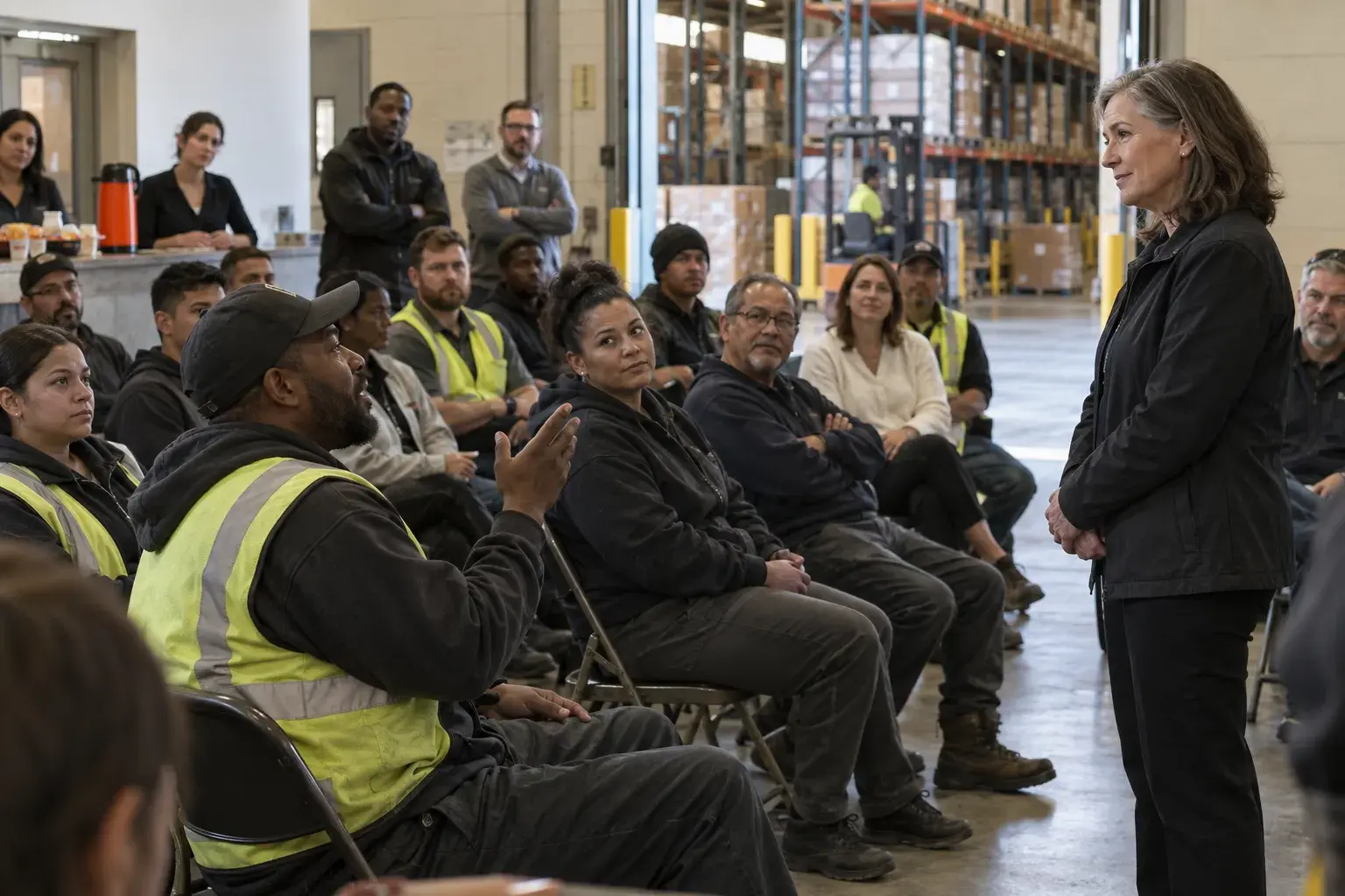 A plant manager talking with a crew of technicians and office staff gathered on a shop floor