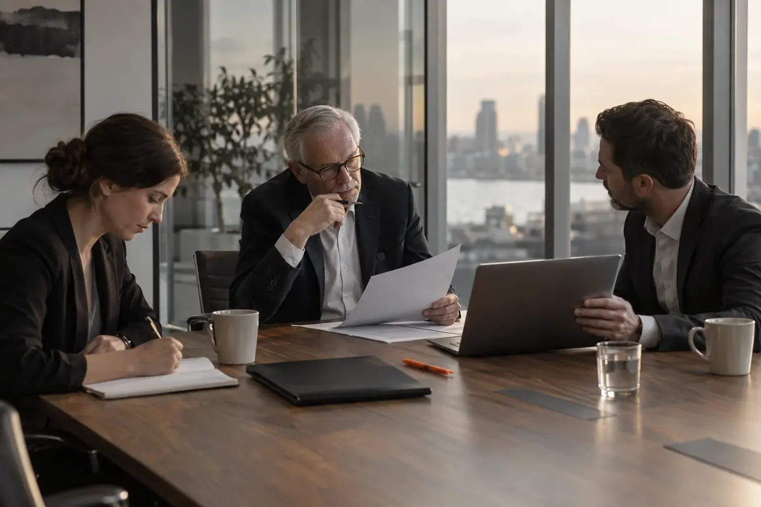 Three people reviewing printed screens together at a long table
